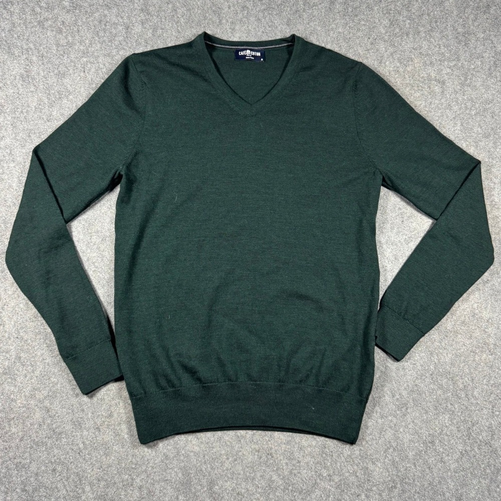Cafe Coton Paris Mens Forest Green 100% Extrafine Merino Wool V-Neck Sweater S